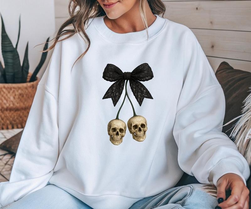 Gildan Women's Bow With Skeletons Crewneck Sweatshirt Gray Cotton-Polyester Blend Loose Fit Casual Top with Witches Brew Design