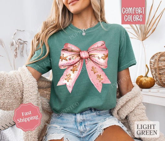 Gingerbread Bow Shirt Comfort Colors Holiday Tshirt,  Women's Holiday Tee