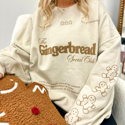 'Gingerbread Social Club' Sweatshirt, Festive Sleeve Print, Christmas Vibes Crewneck