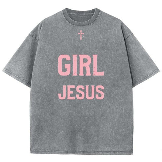 Girl Jesus Unisex Washed T-Shirt, Christian Jesus  t shirts, Vintage 90s Graphic Tee Gift Cotton Top Womenswear Bottom