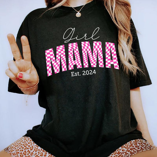 Girl Mama Est. 2024 Shirt, Girl Mama Comfort Colors Shirt, Pink Checkered Girl Mama Tee, Mom Graphic Printed Short Sleeve Tee Shirt, Womenswear, Mother's Day Gift, Gift For Mom, Women Cotton Fabric Comforts Shirt, Cotton Fabric Relaxed Fit Chic Style