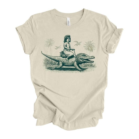 Girl Riding an Alligator Shirt, Weird Graphic T Shirt for Men Woman, Retro Vintage Style, Cute and Funny Graphic Tee, Original Unique Design