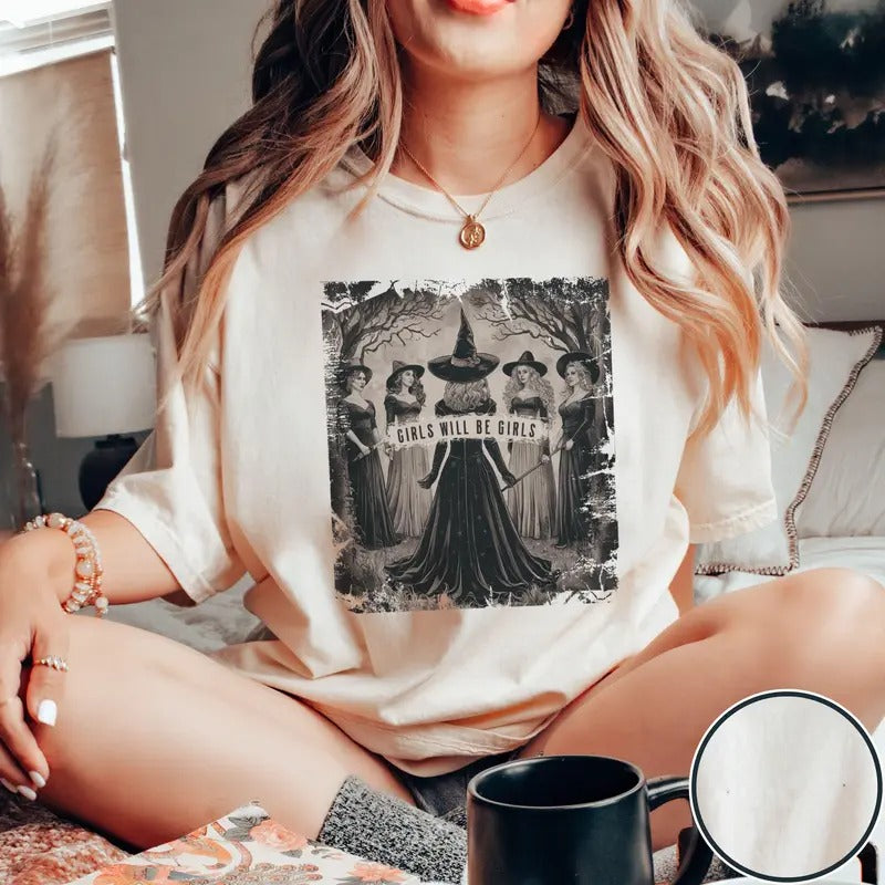 Girls Will Be Girls Halloween Witch Tshirt, Retro Halloween Women's Shirt, Spooky Season Tshirt, Burning Witches Tee, Unisex Shirt, Casual Clothing