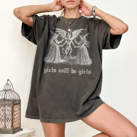 Girls Will Be Girls Witch Shirt Vintage T-Shirt Sweatshirt Hoodie Funny Feminist Shirt Ironic Shirt Aesthetic TShirt Spooky Witchy Top Cotton T-Shirt
