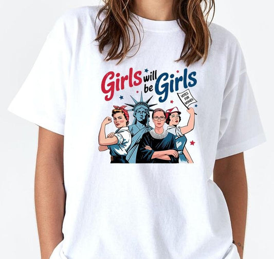 Girls Will be Girls 4th of July Grpahic Tees T-Shirt Retro 90s Vintage Relaxed Fit Graphic Tees for Him and Her