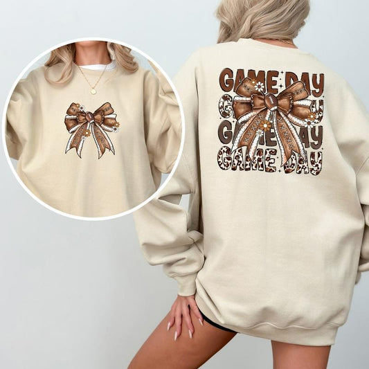 Girly Coquette Bow Game Day Football 2-Sided Sweatshirt, Vintage Football Crewneck for Girls, Fall Sports Sweater for Women, Game Day Crewneck, Touchdown Season Sweatshirt, Comfy Long Sleeve Pullover, Women's Tops, Casual Womenswear, Soft Cotton Fabric