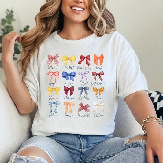 Girly Coquette Bow SEC Teams Collage Sweatshirt, Tshirt, Full Sizes, Full Colors, Cotton Crewneck Tee, Comfort Top