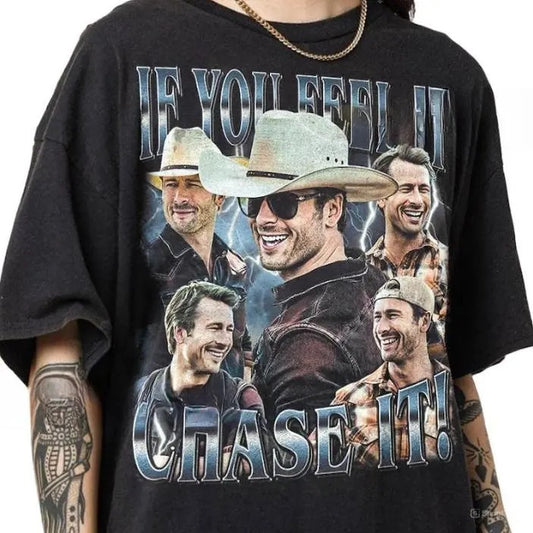 Glen Powell If You Feel It Chase It Shirt Vintage Glen Powell Shirt  - Glen Powell Homage Shirt Twisters 2024 Movie  - Glen Powell Vintage Shirt, Twister Movie Shirt