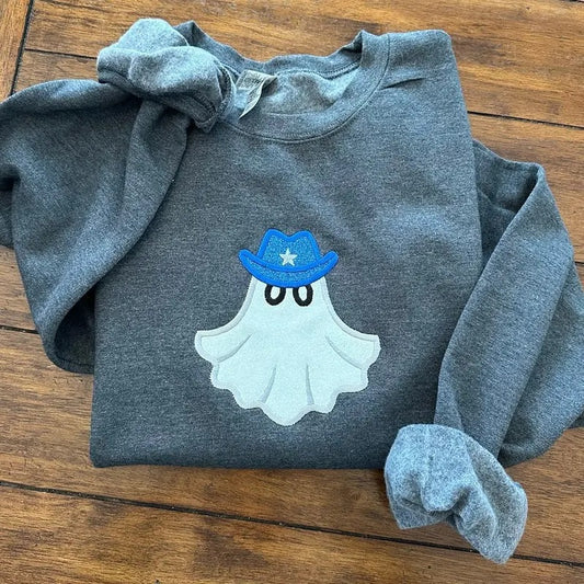 Glitter Applique Cowboy Ghost Halloween Embroidered Crewneck Sweatshirt Comfort