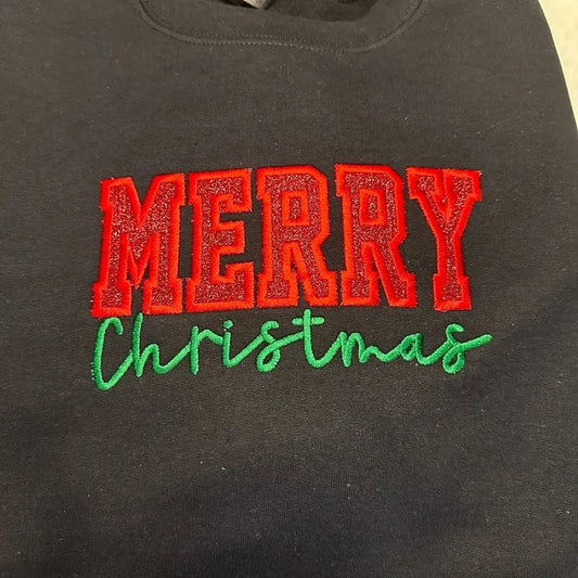 Glitter Applique Merry Christmas Embroidered Crewneck Sweatshirt Comfortable Classic Festive