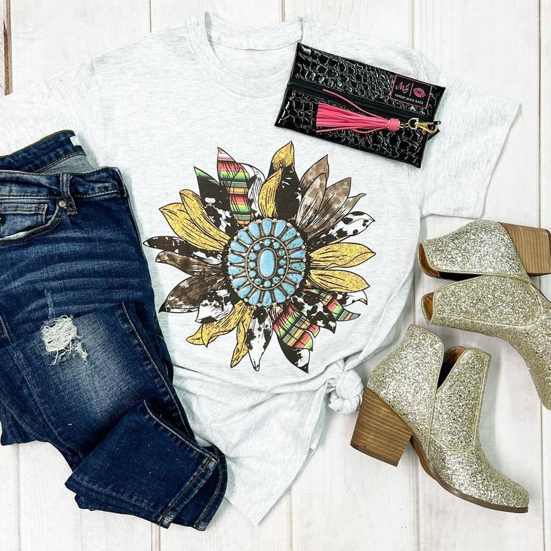 Glitter Serape Cow Gemstone Sunflower Graphic Tee