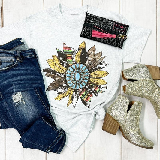 Glitter Serape Cow Gemstone Sunflower Graphic Tee