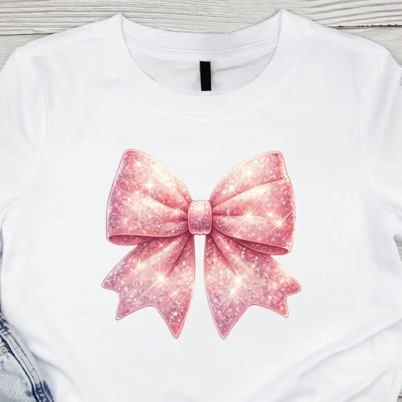 Glittery Coquette Bow Girly Graphic Printed Sweatshirt, Pink Bow Girlie Couquette Tee, Soft Girl Era Shirt, Coquette shirt, Cotton Crew Neck Shirt, Full Sizes, Full Colors coquette christmas