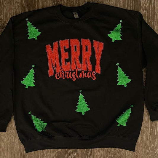 Glittery Merry Christmas with Trees Fleece Crewneck
