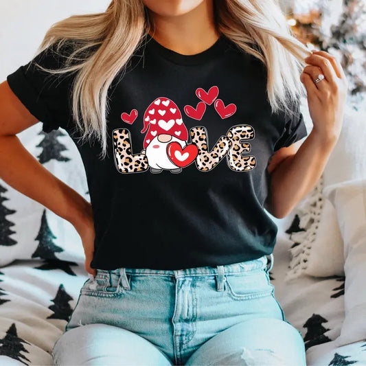 Gnomies Valentines Day Love T-Shirt, Valentine Gnome Shirt, Leopard Love Tee, Valentines Day Gift Tee, Gnome Lovers Shirt, Gnomies Love Hearts T-Shirt.