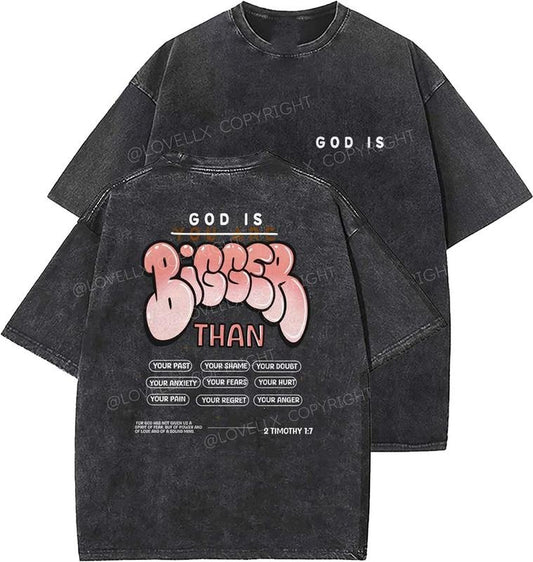 God Is Bigger Than Unisex Washed T-Shirt, Christian t shirts, Vintage 90s Graphic Tee, Gift Top Womenswear Cotton Mineral Color