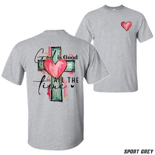 God Is Good All The Time T-shirt - Inspirational Cross Design With Heart Graphics 100% Cotton Unisex Casual Comfortable Available In Various Colors - Tiktok Shop Store Menswear Tops