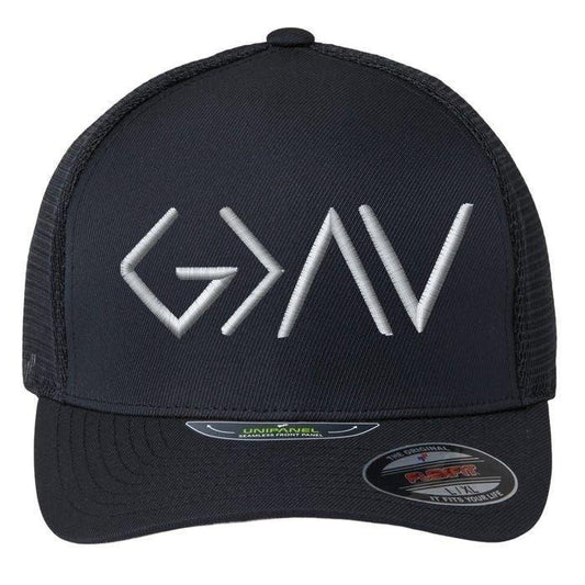 God Is Greater Than The Highs And Lows Hat | Embroidered Flexfit Trucker Cap | Christian Faith Cap | Inspirational Religious Headwear | Spiritual Symbol Hat for Men & Women | Comfortable Unipanel Design