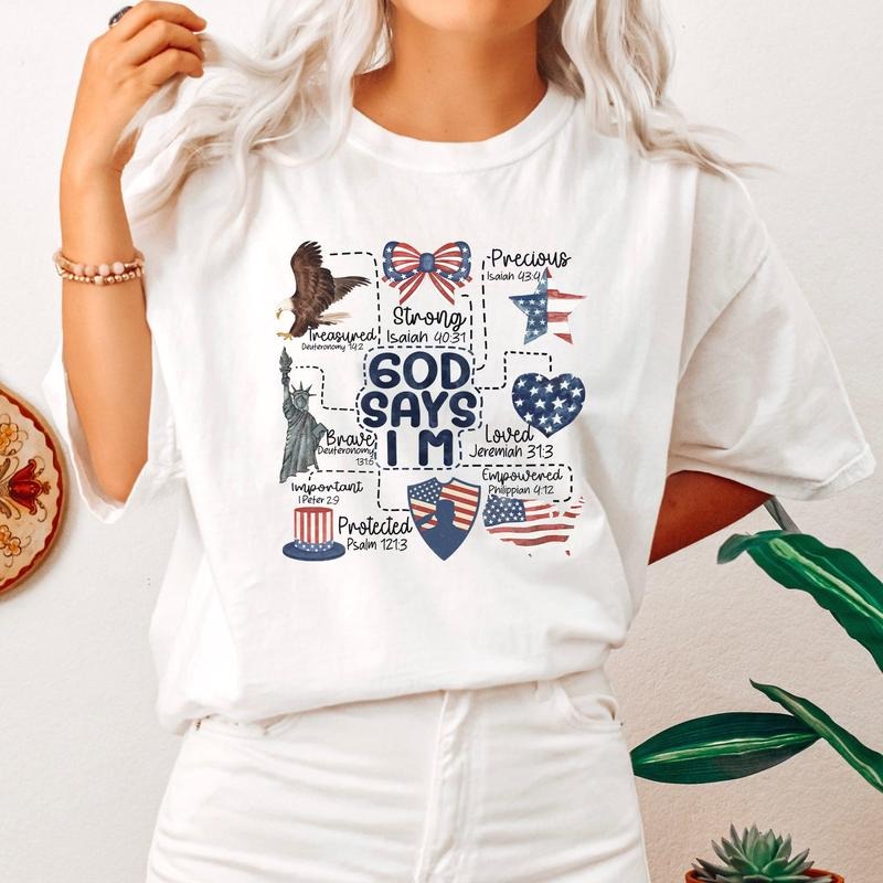 God Says I Am, Patriotic, Protected, Strong, Powerful, Brave, Comfort Colors Tshirt, Women's Crew Neck, Crewneck