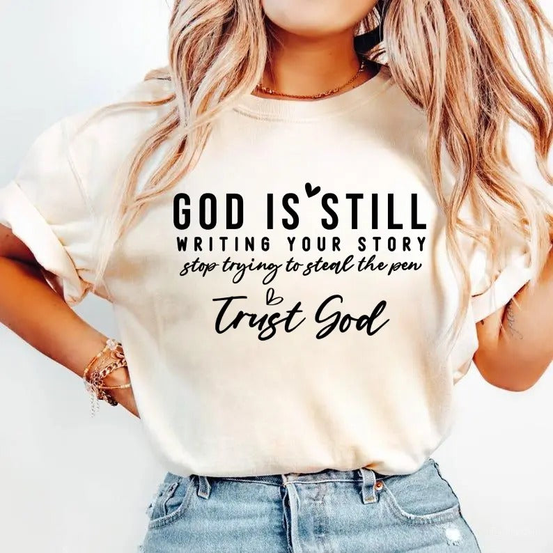 God Tis Good All The Time Shirt, Trust God Shirt, Women's Cross & Heart & Letter Print Round Neck Shirt, Casual Long Sleeve Pullover for Daily Wear