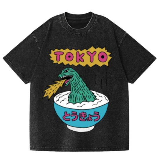 Godzilla The Monster Rice of Tokyo Vintage Wash Japanese Design T-Shirt Womenswear Streetwear Summer Crewneck Tshirt
