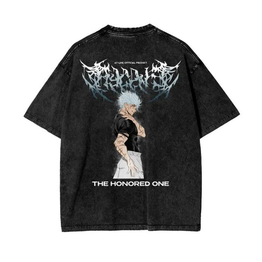 Gojo Metal Streetwear Shirt Washed Vintage Oversized T-Shirt Anime Manga Washed Heavy Cotton Special Graphic T-shirt Gift For Anime Fan