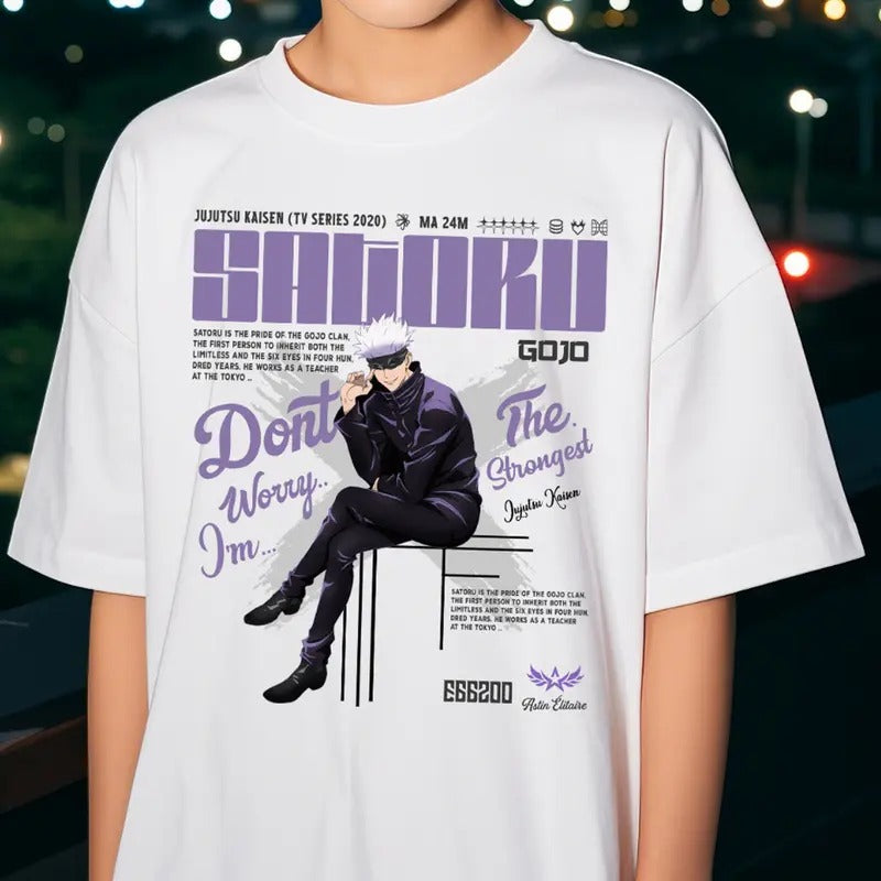 Gojo Satoru, Toji Fushiguro, Megumi Fushiguro, Zenin Shirt - Crew Neck Vintage Shirt with "Don't Worry I'm" Print, Cotton Menswear, White - Classic