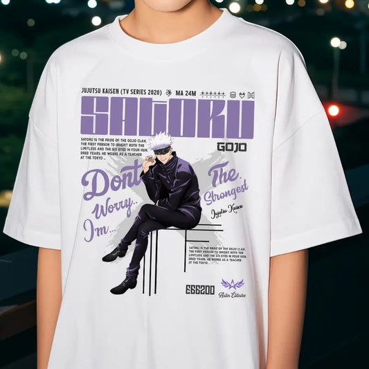 Gojo Satoru, Toji Fushiguro, Megumi Fushiguro, Zenin Shirt - Crew Neck Vintage Shirt with "Don't Worry I'm" Print, Cotton Menswear, White - Classic