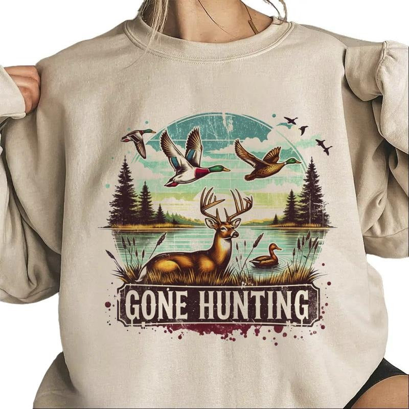 Gone Hunting Deer Sweatshirt Mallard Duck Retro T-Shirt Hunting Season National Day Unisex