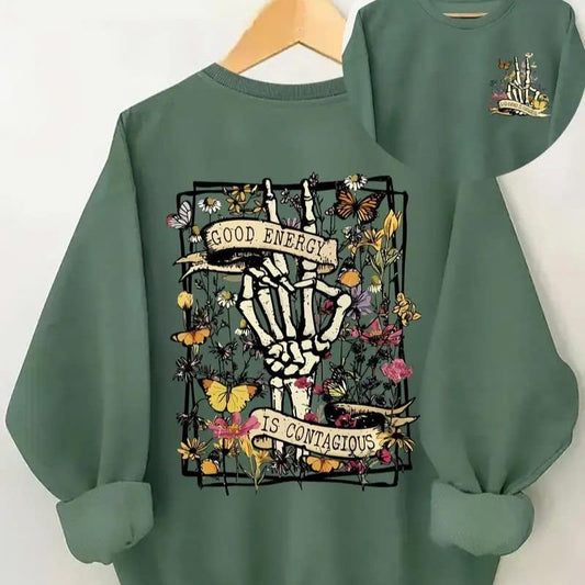 Good Energy Is Contagious Crew Neck Casual Sweatshirt For Fall & Spring, Women's Plus Size Clothing