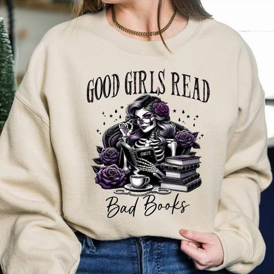 Good Girls Read Bad Books, Love to read spicy smut books , Booktok shirt spicy book club clipart sarcastic skeleton goth skull digital
