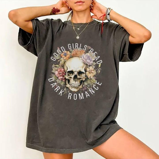 Good Girls Read Dark Romance Shirt, Book Lover Tee, Skull Floral Graphic Tee Women Romance Reader Shirt, Retro Bookish Gift, Spicy Book Shirt