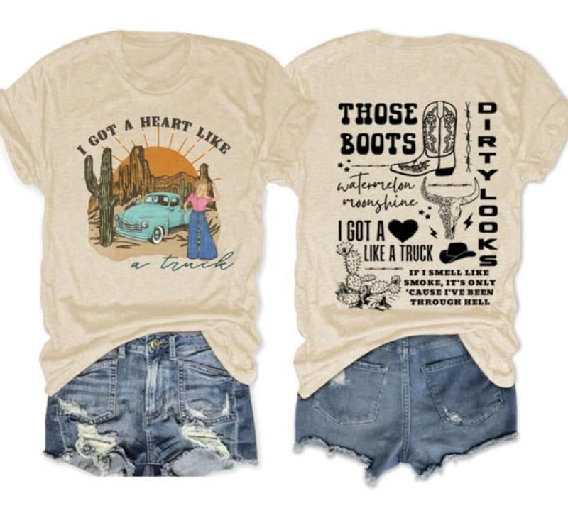 Got a Heart Like a Truck 2 Sides Shirt Country Concert Outfits Women Nashville Tshirt Cowgirl Shirt Cow Skull Graphic Tee