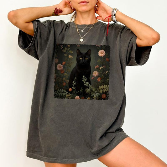 Gothic Cat Comfort Colors Shirt, Black Cat Tee, Vintage Floral Cat Mom T-shirt, Animal Lover Clothing