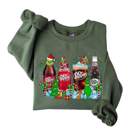 Gr1nchmas Christmas Love Dr. Pepper Soda Cans Sweater, Dr Pep Xmas Gr1nchmas Xmas Gift for Coke Lovers, Gr1nchmas Dr Pepper Crewneck Sweatshirt Classic Cotton