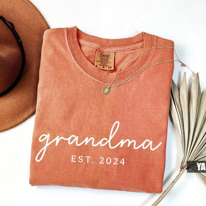 Grandma 2024 Comfort Colors Shirt, Gift for Grandmother, Nana Tee, Grandma Est Date T-shirt, Mommy Shirt, Mimi Shirt Cotton Fabric Womenswear Collar