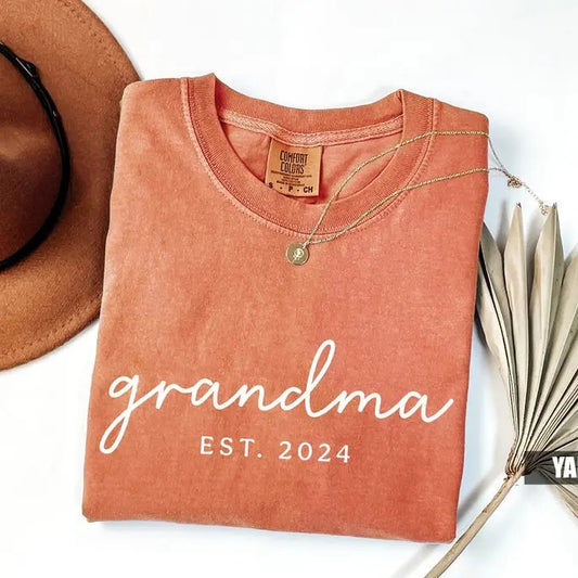 Grandma 2024 Comfort Colors Shirt, Gift for Grandmother, Nana Tee, Grandma Est Date T-shirt, Mommy Shirt, Mimi Shirt Cotton Fabric Womenswear Collar
