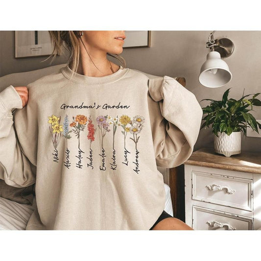 Grandma's Garden Sweatshirt, Custom Birthflower Sweatshirt, Gift for Grandma, Love Grows Here, Mom's Garden