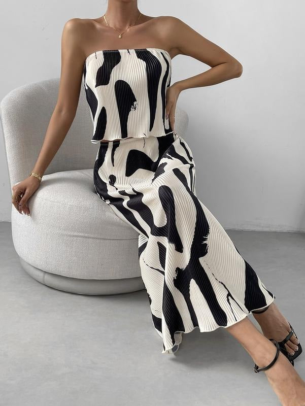 Graphic Print Skirt Set 2 Piece Outfit Frill Trim Strapless Crop Tube Top and Maxi Skirt Sets