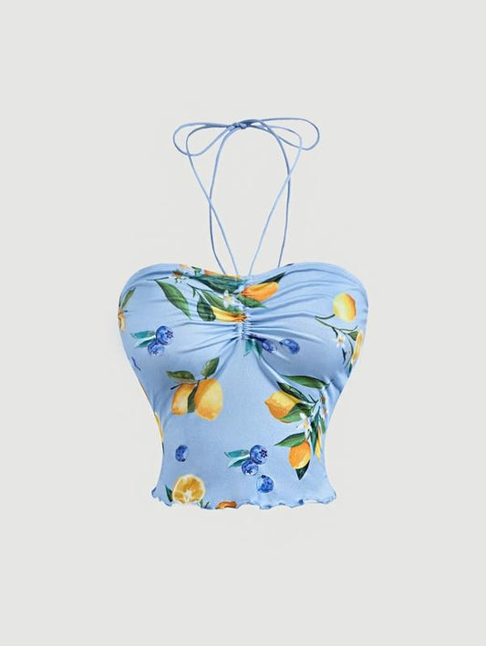 Graphic Print Sleeveless Halter Tops Ruched Boho Crop Cami Tops