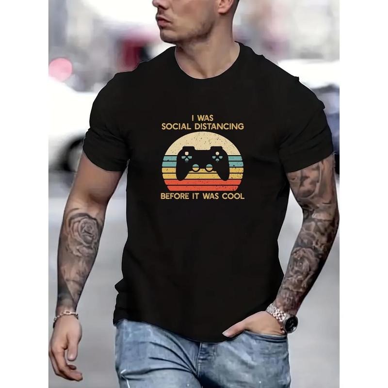 Graphic Print T-shirt Men's Casual Street Style Summer And Autumn Slightly Elastic Round Neck T-shirt Made in USA
