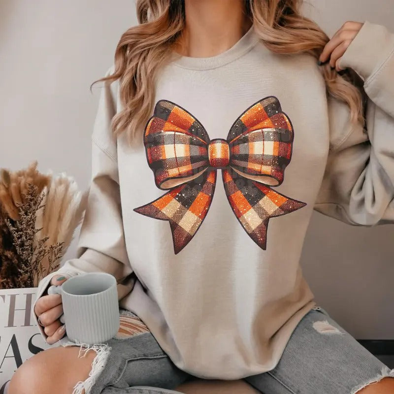 Graphic Printed Glittery Fall Plaid Coquette Bow Sweatshirt, Fall Coquette Shirt, Fall Shirt Tee, Cotton Round Neck Tee, Full Sizes, Full Colors, Womenswear
