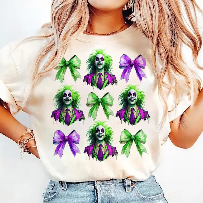 Green Beetle Halloween Movie Shirt,  Beetlejuice Shirt, Coquette Girly T-shirt, Horror Movie Character, Horror Movie Sweatshirt, Halloween Sweatshirt, Halloween Shirt, Unisex Classic Cotton Tee with Graphic Print in All Sizes, For Men, For Women
