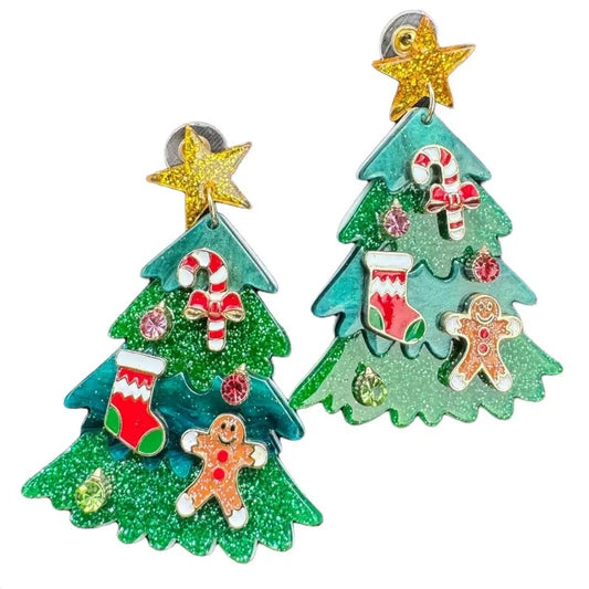 Green Christmas Tree with Star Glitter Stud Earrings