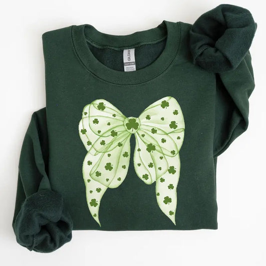 Green Coquette, Bow, Lucky, Shamrock, Lucky Charm, Irish, Retro, St Patrick's Day Sweatshirt, Crew Neck, Women's, Crewneck