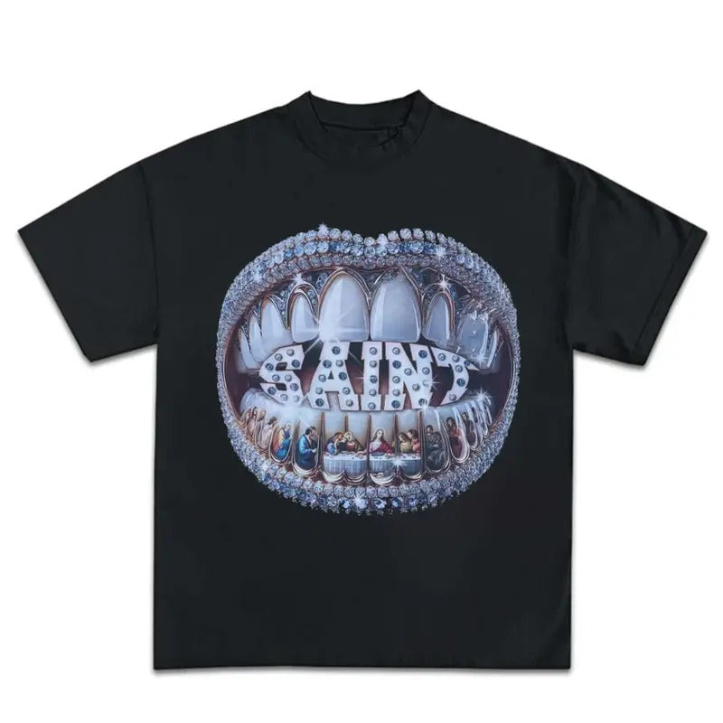 Grillz Dinamond T Shirt Y2K Short Sleeve Tops Harajuku Hip Hop Retro Teeth Graphic Print