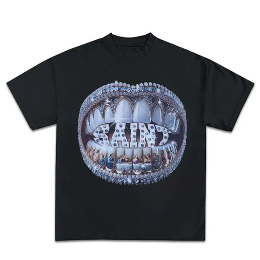 Grillz Dinamond T Shirt Y2K Short Sleeve Tops Harajuku Hip Hop Retro Teeth Graphic Print