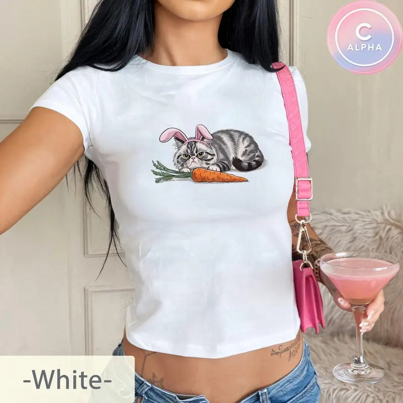 Grumpy Easter Cat Baby Tee, Funny Easter  Cute Cat Bunny Ears Tee Carrot Lover Kitten Shirt Aesthetic Y2K Baby Tee Kitty Top