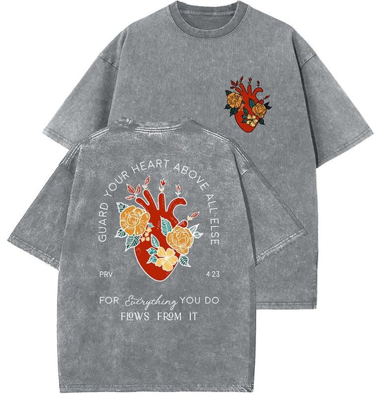 Guard Your Heart Unisex Washed T-Shirt, Christian Tshirts, Vintage 90s Graphic Tee, Gift Top Womenswear Cotton Mineral Color