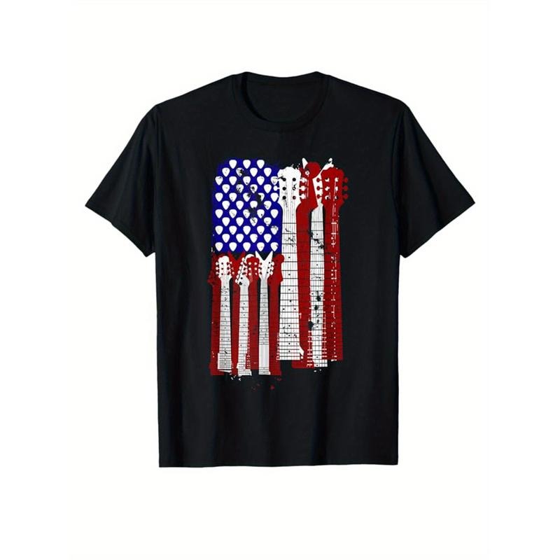 Guitar Print Men's Cotton Graphic T-shirt, Casual Short Sleeve Crew Neck T-shirt, Men's Tee For Outdoor made in usastyle{n002}2